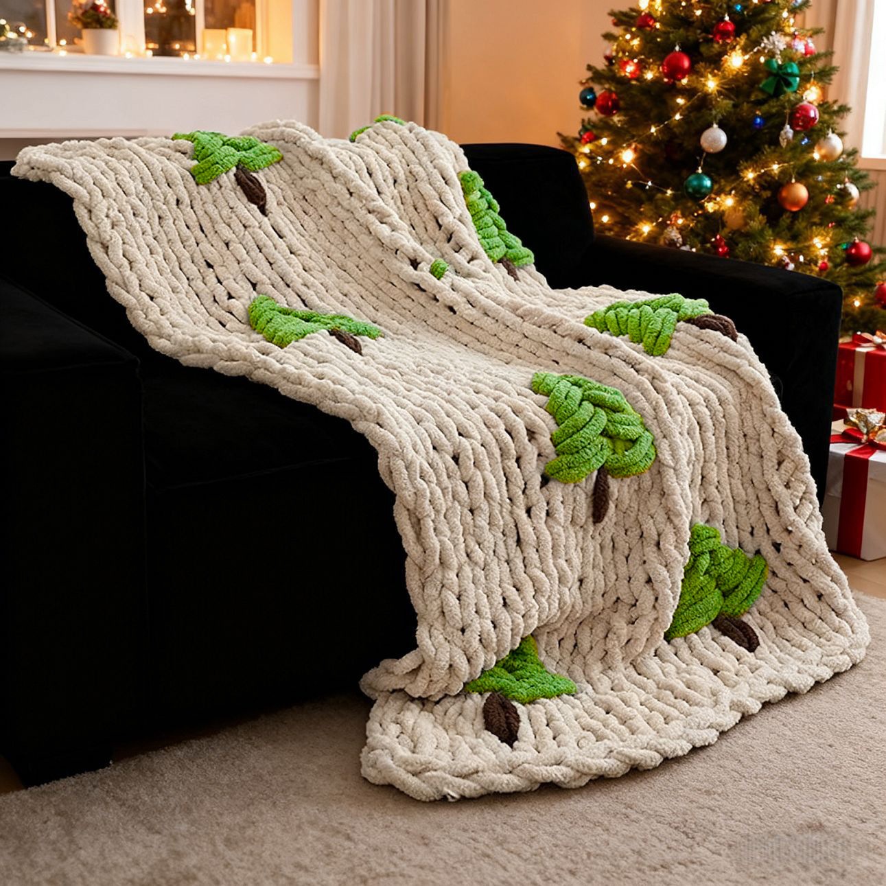 Throw Blanket Chunky Knit - Hand-knitted Blanket for Bed Christmas Tree