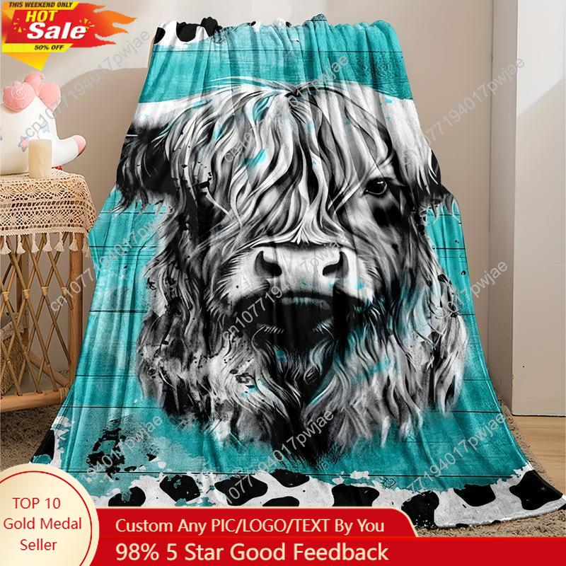 Throw Blanket Chunky Knit - Cozy Soft Highland Cow Flannel Fleece
